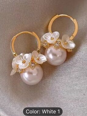 Gold Pearl Hoop Earrings with White Floral Accents